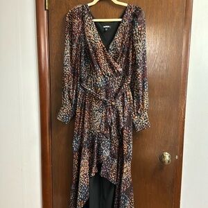 Express Metallic printed faux wrap ruffle hi-lo maxi dress